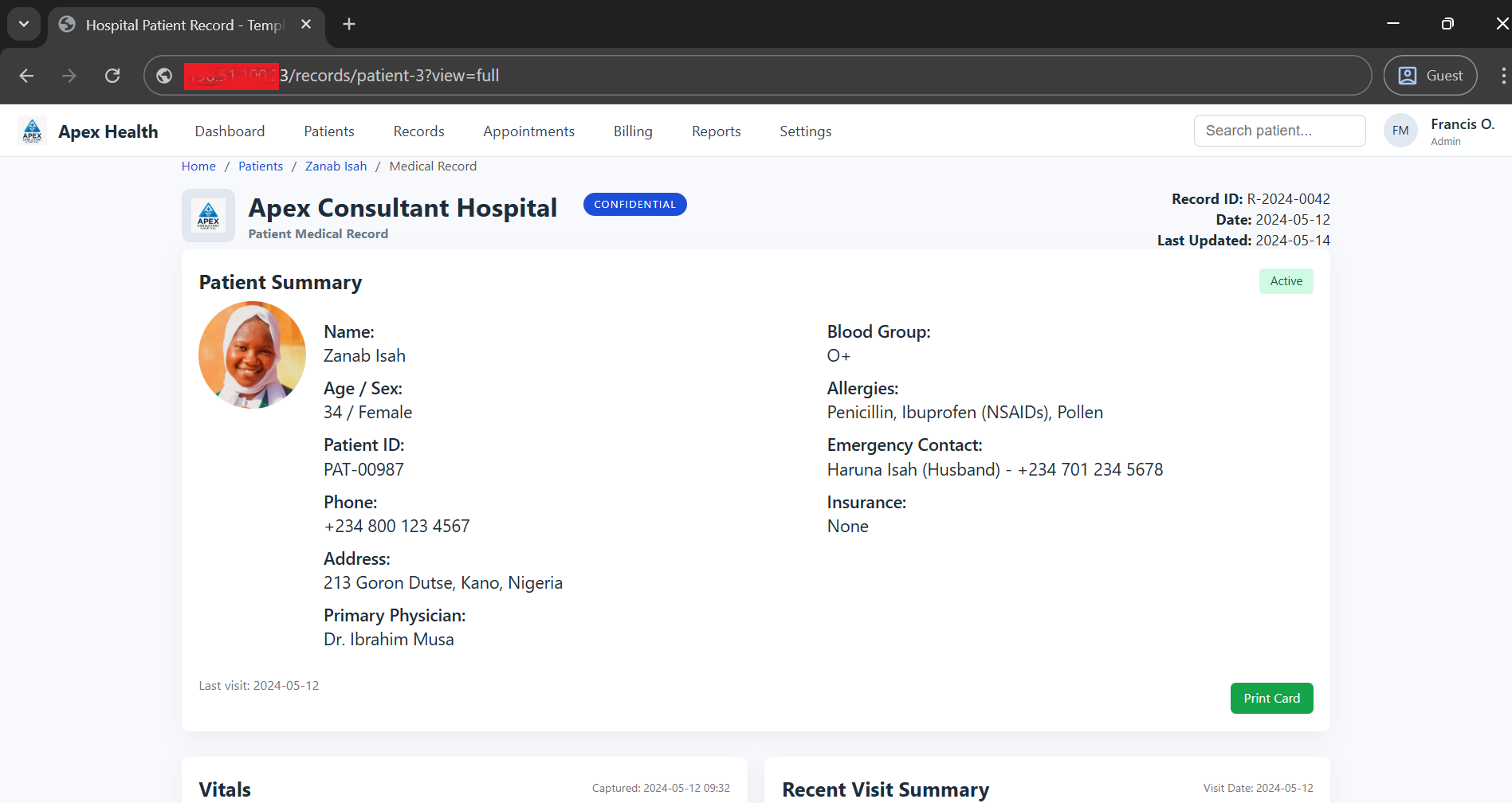 Apex Consultant Hospital internal dashboard mockup