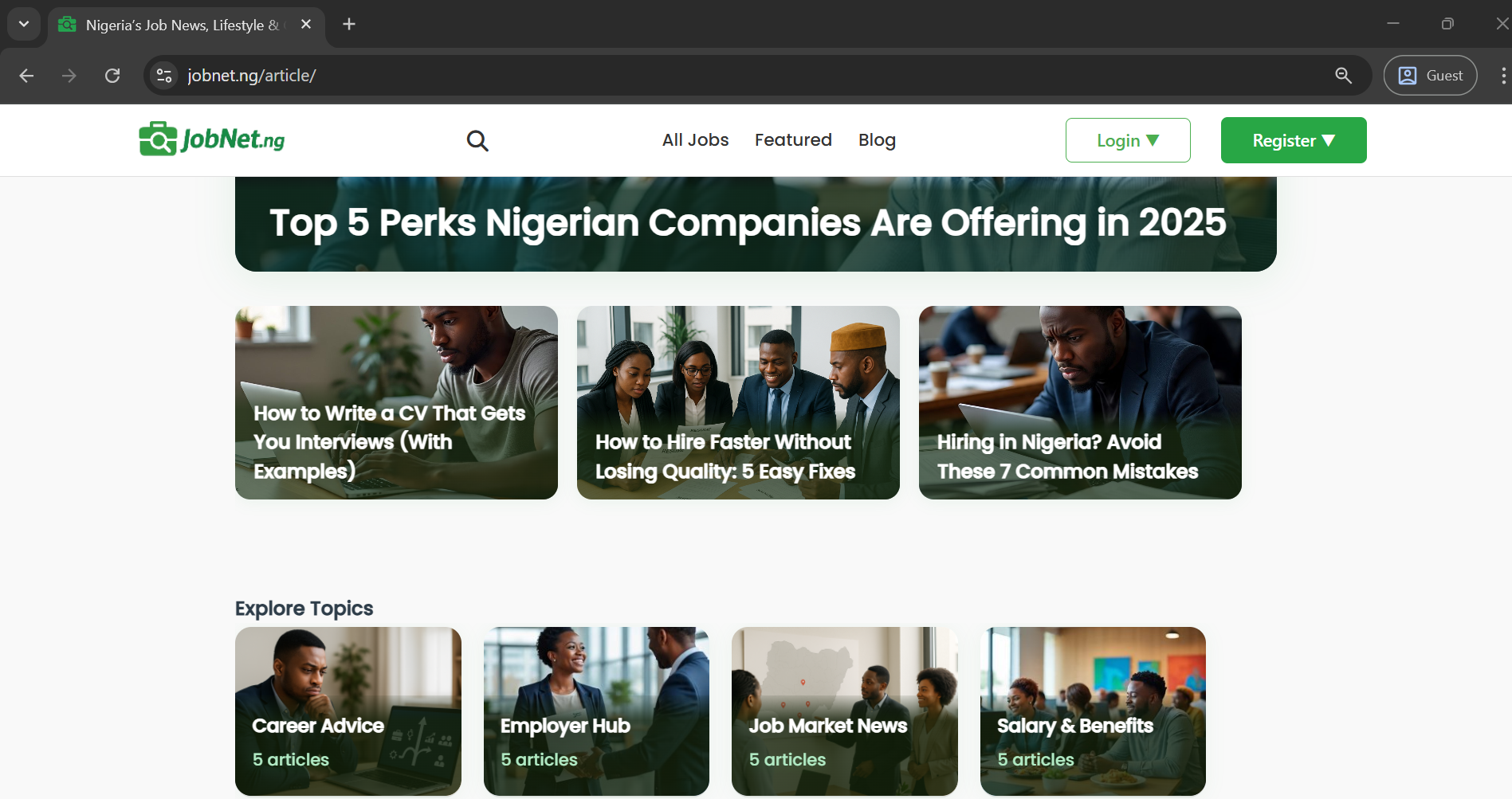 WordPress blog homepage for Jobnet.ng