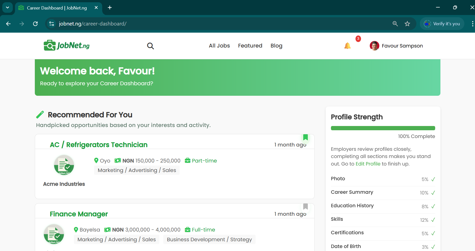 Job seeker dashboard recommendations